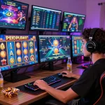 Pemain menikmati pengalaman slot gampang menang yang mendebarkan di setup permainan yang nyaman dengan monitor resolusi tinggi dan grafis berwarna-warni.