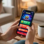 KONG88 user enjoying mobile gaming with real-time betting options in a cozy home setting