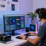 Developer engaged with juicy ai algorithms in a modern workspace filled with tech gadgets.