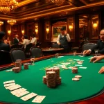 Poker players strategizing at the luxurious trang chủ thabet casino table with vibrant chips and cards.