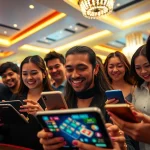 Exciting players enjoying online casino games on 23win platform in a vibrant environment.
