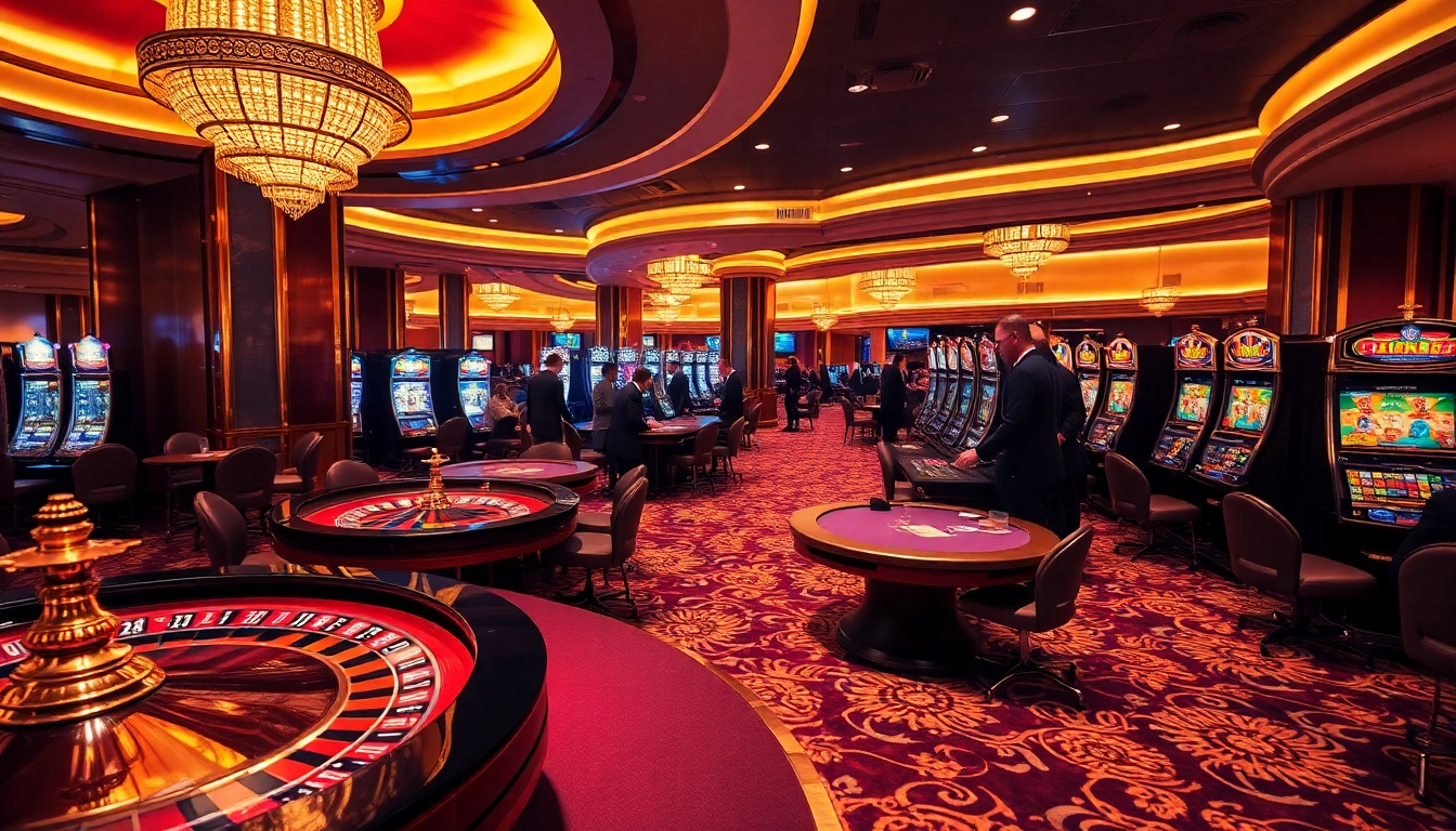 Experience the thrill of gambling at https://onew88.com/ with a vibrant casino scene featuring roulette wheels and poker tables.
