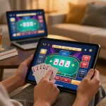 Engaging online gaming at https://sc88.casino/ with tablet displaying poker game, warm and inviting atmosphere