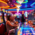 Engaging scene with players celebrating at situs slot nekatwin casino, vibrant slot machines illuminated.