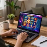 Player engaging with Fokus777 online slots at home with cozy ambient lighting and strategy notes.
