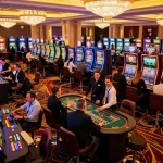 Engaged players at the lively open888 casino floor spinning slots and cheering