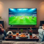 Socolive live football streaming in a cozy home setup with snacks and drinks.