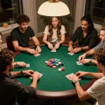 Rikvip players enjoying a friendly home poker game with vibrant cards and chips on the table.