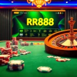 Exciting RR88 casino scene with poker chips, cards, and a roulette wheel in a luxurious setting.