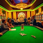 Engaged gamblers playing idn slot games at a luxurious casino table.