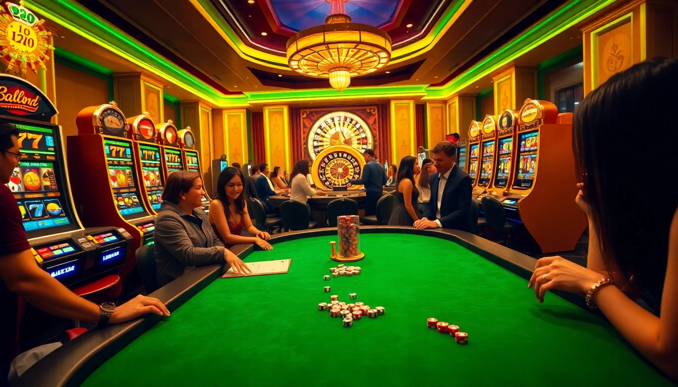 Engaged gamblers playing idn slot games at a luxurious casino table.