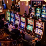 Para pemain terlibat dengan mesin slot yang berwarna-warni di kasino aman788, menunjukkan kegembiraan dan potensi kemenangan.