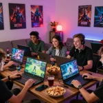 Friends gaming on SC88 in a vibrant living room, capturing excitement and camaraderie.