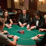 Players strategizing in a high-stakes poker game at 98win's luxurious venue with elegant decor.
