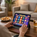 Engaged user enjoying diverse games on 789club tablet in relaxed home setting