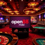 Engage in thrilling games at open88 mobi with an exhilarating casino scene featuring roulette wheels and poker tables.