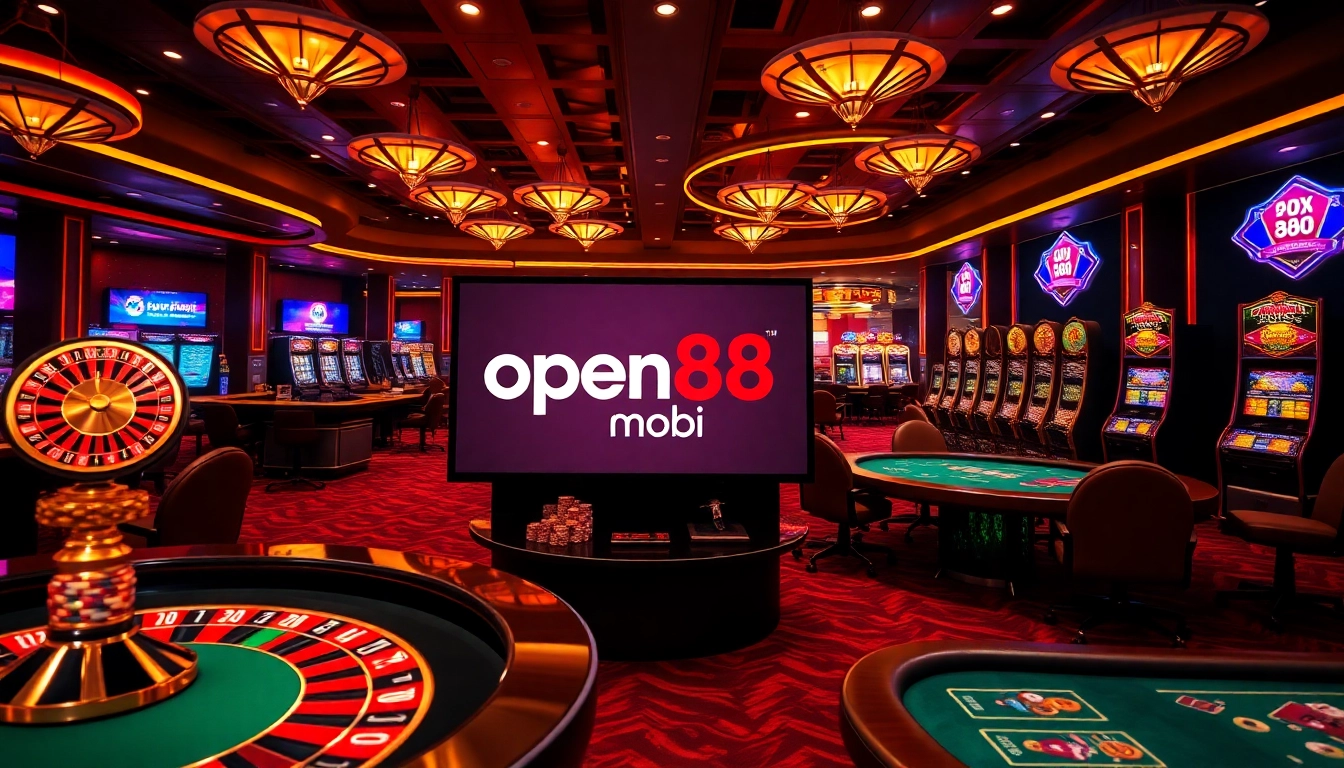 Engage in thrilling games at open88 mobi with an exhilarating casino scene featuring roulette wheels and poker tables.