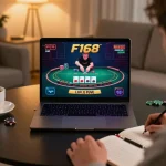 Player enjoying thrilling live dealer options at F168 on a laptop, showcasing online gambling excitement.