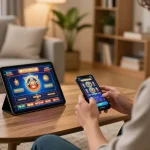 Pemain bermain slot mobile aman788, smartphone di tangan dan antarmuka kasino terlihat.