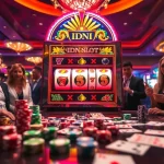 Gambling excitement with IDN slot machine in a vibrant casino atmosphere, showcasing players and chips.