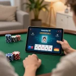 Player engaging with the maxpoker88 online poker app in a cozy home setting, highlighting strategic gameplay.