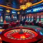 Exciting casino scene showcasing 69VN online gambling with luxury tables and vibrant slot machines.