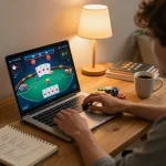 Engaged player strategies poker game on 68win platform from a cozy home setup, showcasing dynamic gameplay.
