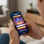 Engaging in online gambling with the Luckywin login app on手机, showcasing a vibrant gaming interface and comfortable home setting.