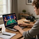 Player enjoying KP88 online casino game at home, engaged with live dealer interface and strategy notes.