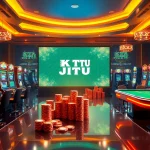 KTP JITU showcasing vibrant online slots, casino tables, and poker chips in an exciting gambling atmosphere.