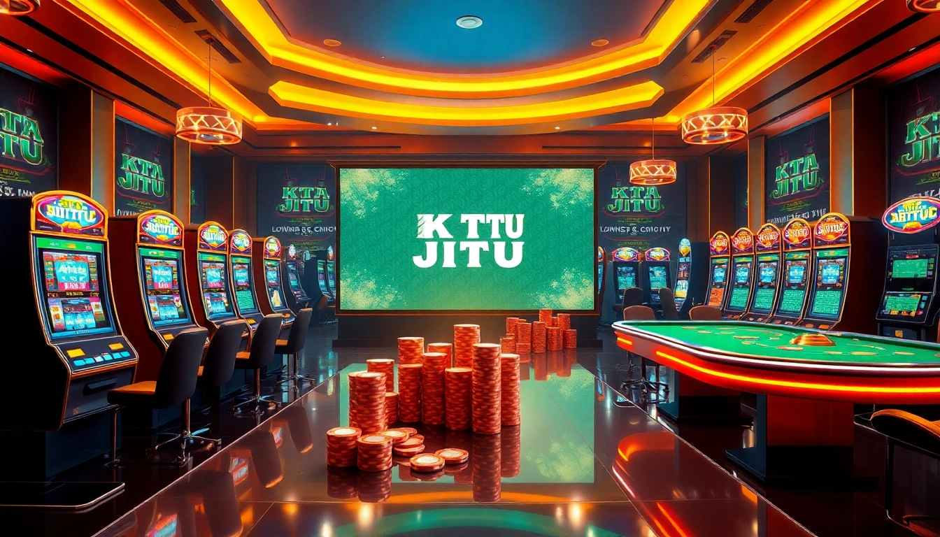 KTP JITU showcasing vibrant online slots, casino tables, and poker chips in an exciting gambling atmosphere.