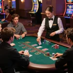 KONG88 blackjack table with players strategizing during an exciting game in a vibrant casino environment.