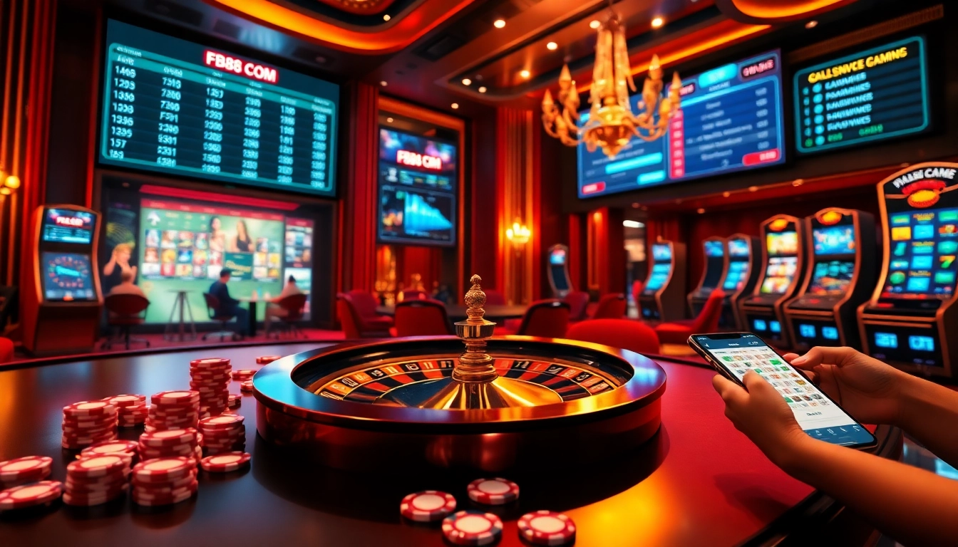 Experience the thrilling atmosphere of FB88 COM with vibrant casino visuals and exciting betting options.