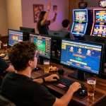 Engaged player enjoying LV88 online casino on multiple screens with friends, showcasing modern gaming atmosphere