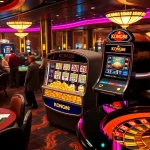 KONG88 slot machine amidst an elegant casino setting with players engaged in high-stakes games.