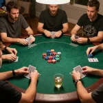 Players strategizing during a lively poker game at home showcasing a competitive spirit around to188.