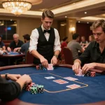 Players strategizing at a vibrant mm 88 poker table in a luxe casino setting