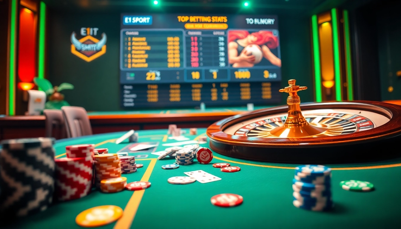 E1 Sport Smite รีวิว ภาษาไทย showcases a vibrant casino scene with poker chips and roulette, encapsulating excitement.