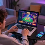 Engaging with the Hi 88 casino app while relaxing at home on a cozy sofa.