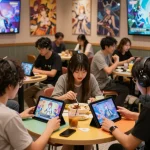 Players enjoying porngames in a vibrant digital cafe, immersed in animated adult games
