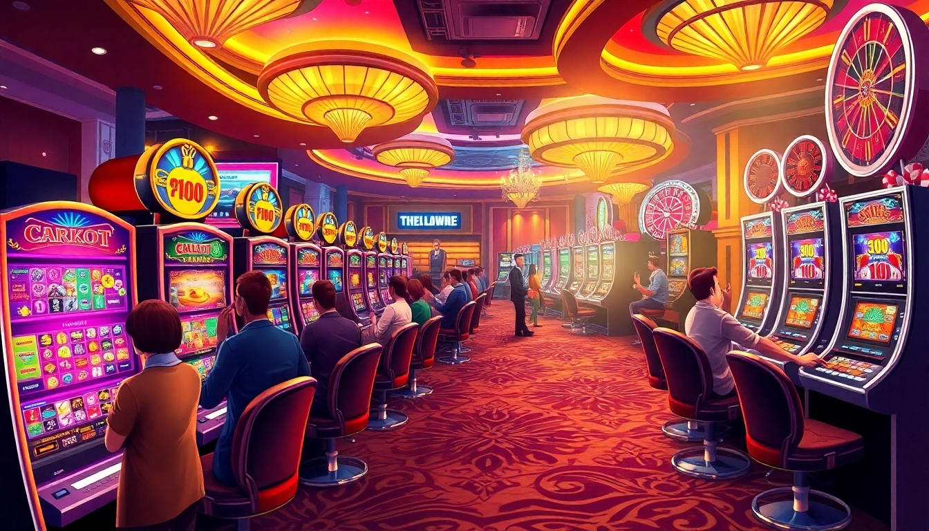 Players engaging in energetic slot777 login at vibrant casino machines showcasing winning potential.