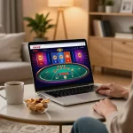 Engaging player enjoying rikvip online casino games on a laptop in a cozy home setting.