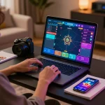 Engaged player using Bl555 app on laptop at home, showcasing modern online casino gaming.