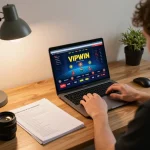 Engaging gameplay on VIPWIN online casino displayed on laptop in cozy workspace.