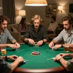 Friends enjoying a lively poker night with strategic gameplay and vibrant chip stacks at a home setting, showcasing vipwin.