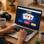 Player engaging in strategic poker gameplay on Go88 platform at home, showcasing cards and chips.