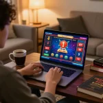 Engaging in Canadian online casinos at home with a laptop showing casino games and strategy notes.