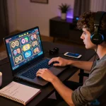 Player enjoying gaming sessions on slot depo 5k platform with laptop in cozy home setting