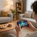 Engaging with hello88 app in a cozy home setting, showcasing the excitement of online gaming.