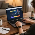 Engaging in MEGA888 Tutorial online gaming at a stylish home setup with laptop and strategy notes